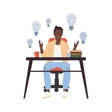 Angry man sitting at table with no ideas, dark light bulbs above head Illustrazione stock