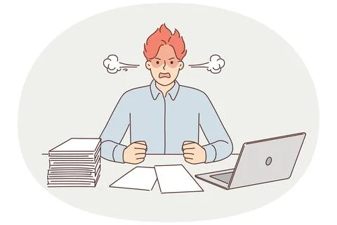 Angry man suffering from overwork and paperwork sitting at office desk with Stock Illustration