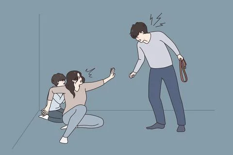 Angry man threaten scared woman and child Stock Illustration
