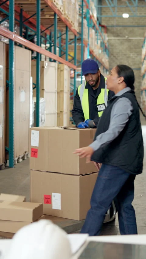 Angry, manager and stress in warehouse with order picking mistake, supply chain Stock Footage 340539765