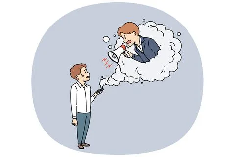 Angry manager scolds helpless subordinate while leaning out of mobile phone with Stock Illustration