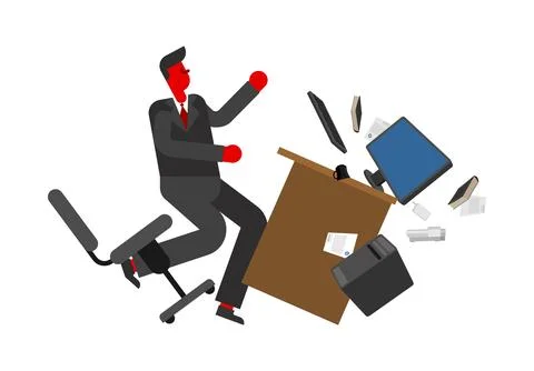 Angry manager throws table. Angry director flips desk. Concept burnout at wor Stock Illustration