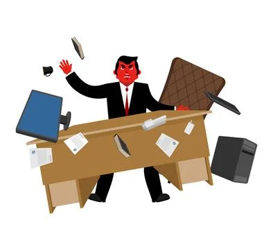 Angry manager throws table. Angry director flips desk. Concept burnout at wor Stock Illustration