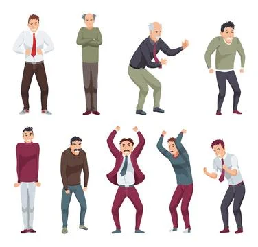 Angry men set. Evil, negative and bad facial expression. Humans emotion and body Stockillustratie