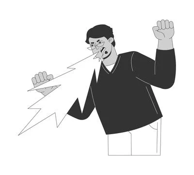 Angry middle eastern man yelling and raising fists line art character Illustrazione stock