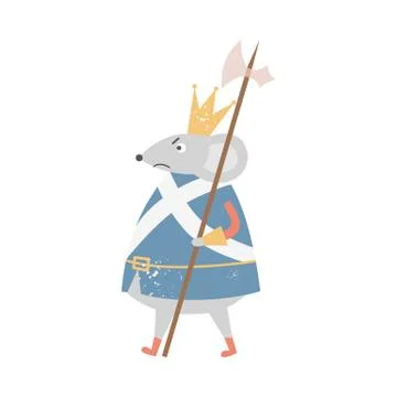 Angry mouse king with crown walking with medieval axe spear Stock Illustration