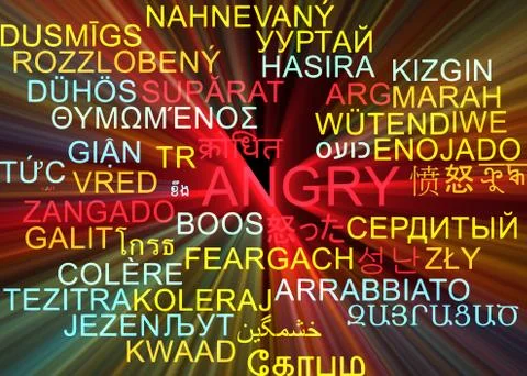 Angry multilanguage wordcloud background concept glowing Stock Illustration