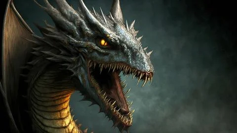 An angry mystical dragon with sharp teeth and amazingly textured reptile skin, o Illustrazione stock