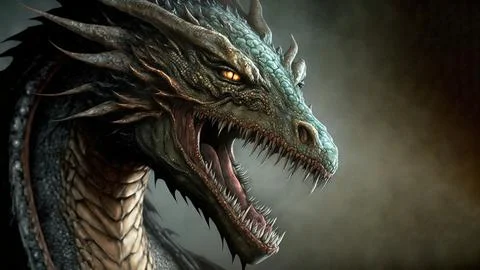 An angry mystical dragon with sharp teeth and amazingly textured reptile skin, o Illustrazione stock