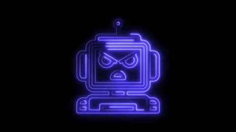 Angry neon robot animation with glowing outline isolated on black background Stock Footage 322973606