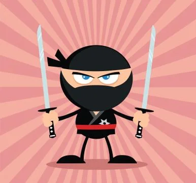 Angry Ninja Warrior Character With Two Katana.Flat Design Stock Illustration