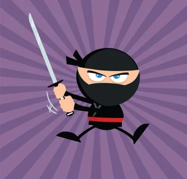Angry Ninja Warrior Jumping With Katana.Flat Design Over Purple Background Stock Illustration