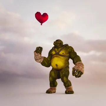 Angry ogre looking up at floating red balloon heart Stock Illustration