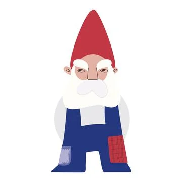 An angry old gnome with a gray beard, a bushy mustache and eyebrows, wearing a Stock Illustration