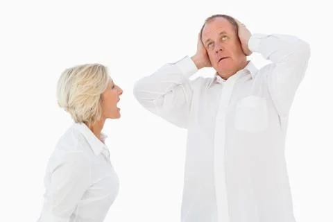 Angry older couple arguing with each other Stock Photos