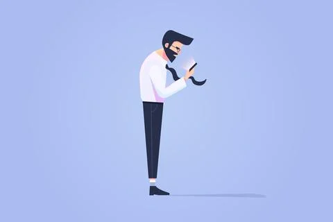 Angry or Sad Man Looking at His Phone Flat Design Illustration Illustration
