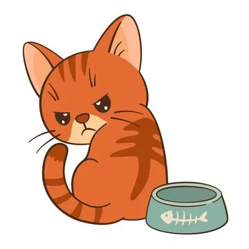 Angry orange tabby cat sits by an empty bowl. Kitten looks over his shoulder Ilustração Stock