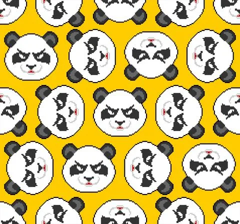 Angry Panda pixel art pattern seamless. 8 bit Panda head background. vector t Stock Illustration