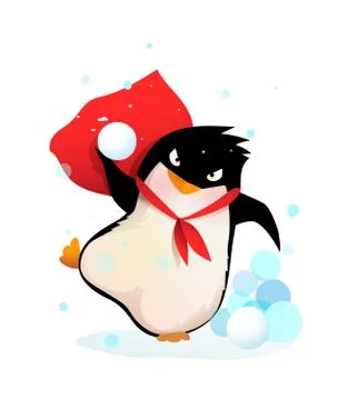 Angry Penguin in Hat Playing Throwing Snowballs Stock Illustration