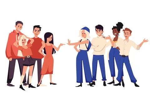 Angry people from different groups arguing and discuss conflict, flat vector Stock Illustration