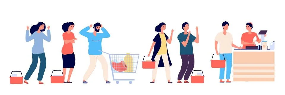 Angry people queue. Dissatisfied and tired customers standing in supermarket イラスト素材