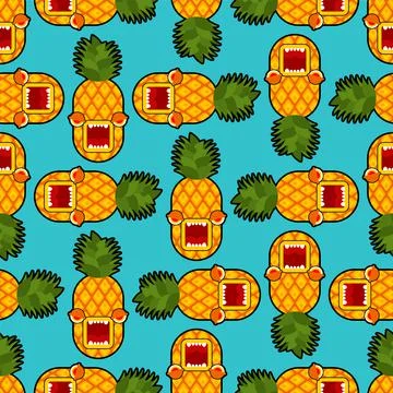 Angry Pineapple pattern seamless. Exotic fruit vector background Stock Illustration