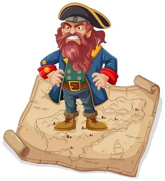 Angry Pirate Standing on Treasure Map Illustration Stock Illustration