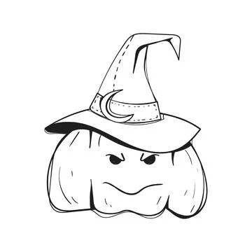 Angry Pumpkin Witch Hat Line Art Coloring Page Vector Stock Illustration