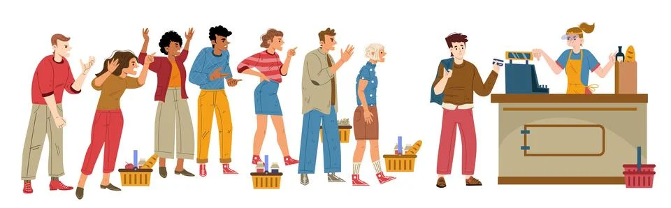 Angry queue in store, dissatisfied customers line Illustrazione stock