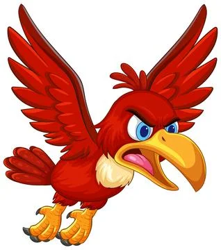 Angry Red Cartoon Bird in Mid-Flight with Open Beak Stock Illustration