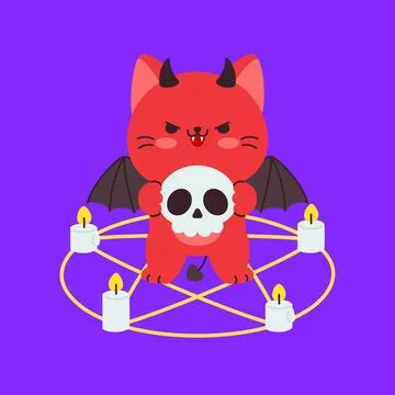 Angry Red Devil Cat Holding Skull With Pentagram Candles Halloween Stock Illustration