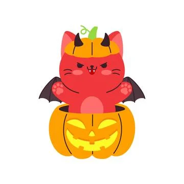 Angry Red Devil Cat Popping Out of Orange Jack O Lantern Halloween Stock Illustration