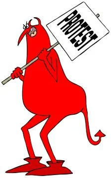 Angry red devil holding a protest sign Stock Illustration