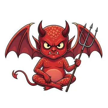 Angry red devil holding a trident isolated on white background Illustrazione stock