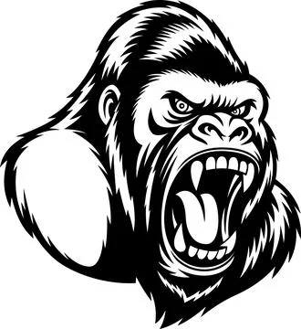 Angry Roaring Gorilla Head In Black And White Stock Illustration