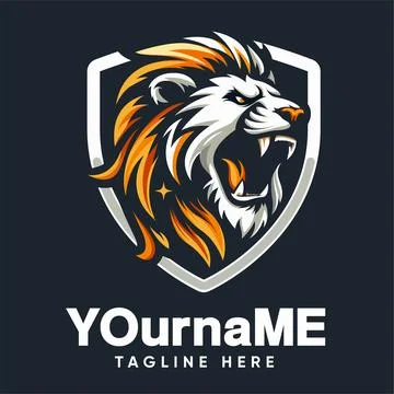 Angry roaring lion head with shield logo design template Stock Illustration