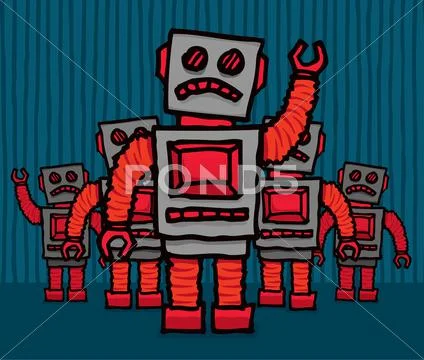 Angry robot mob Stock Illustration