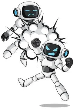 Angry Robot Punches Sad Robot with Comic Explosion Illustration