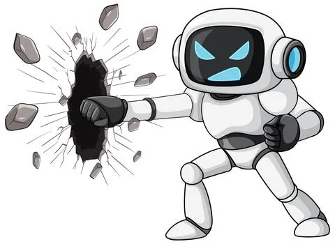 Angry Robot Punches Through Wall with Powerful Fist Stock Illustration