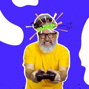 Angry senior man playing computer game over bright blue background. Collage in Stock Photos