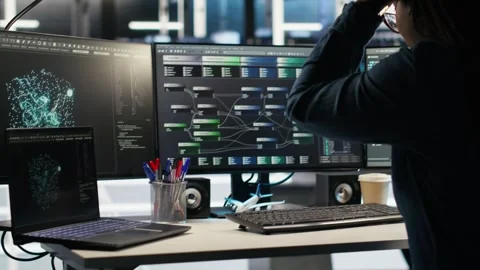 Angry server farm engineer frustrated by bugged node tree systems Stock Footage 309506901