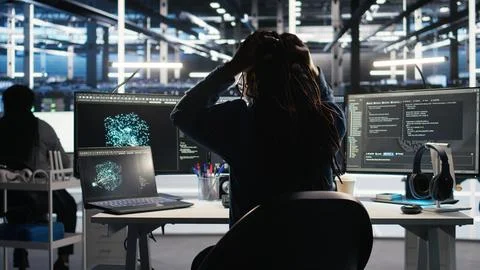 Angry server hub developer frustrated by slow data analytics AI generator Stock Photos