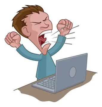 Angry Stressed Man Shouting at Laptop Cartoon Stock Illustration