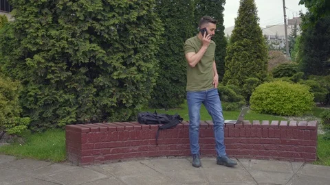 Angry stylish man solving problems using cell phone in park Stock Footage 113147795