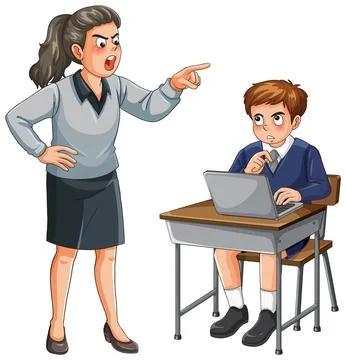 Angry Teacher Scolding Student Using Laptop in Classroom Stock Illustration