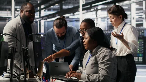 Angry technicians in server room fighting after encountering critical error Stock Footage 309375088