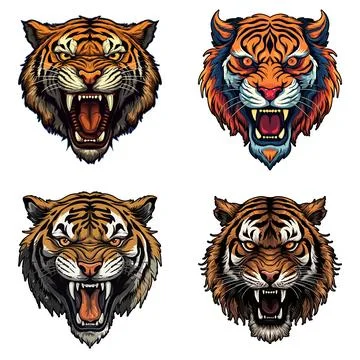 Angry Tiger Head set, vector illustration Stock Illustration