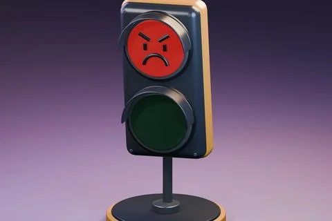 Angry traffic light 3D illustration with red signal and frowning face Stock Illustration