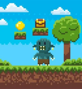 Angry Troll on Grass, Nature of Pixel Game Vector Stock Illustration