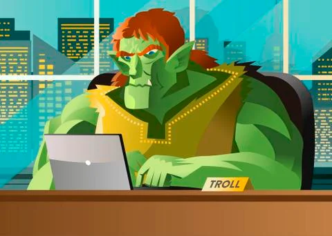 Angry troll using a computer in the office Stock Illustration